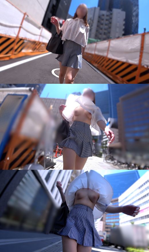 【ノーブラ確定】激しいビル風がめくるミニ丈シャツ!必死に裾を抑えるムチムチ美女