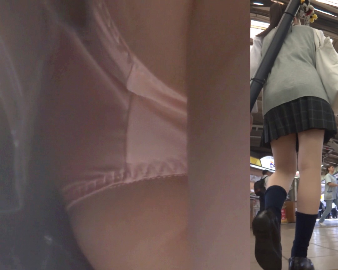 パンチラ盗撮 制服女子 ピンクパンツが階段と電車内で丸見え