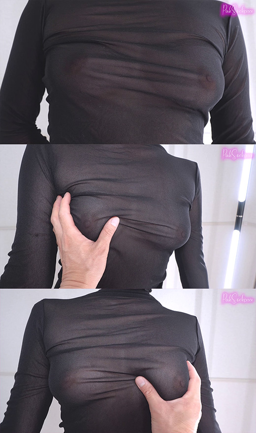 【ノーブラ】シースルートップスで乳首透け、ローション巨乳