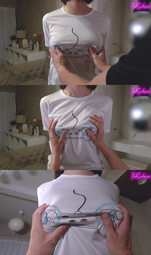 ゲームに夢中の巨乳娘の胸揉み(2)上半身裸で揺れるおっぱい