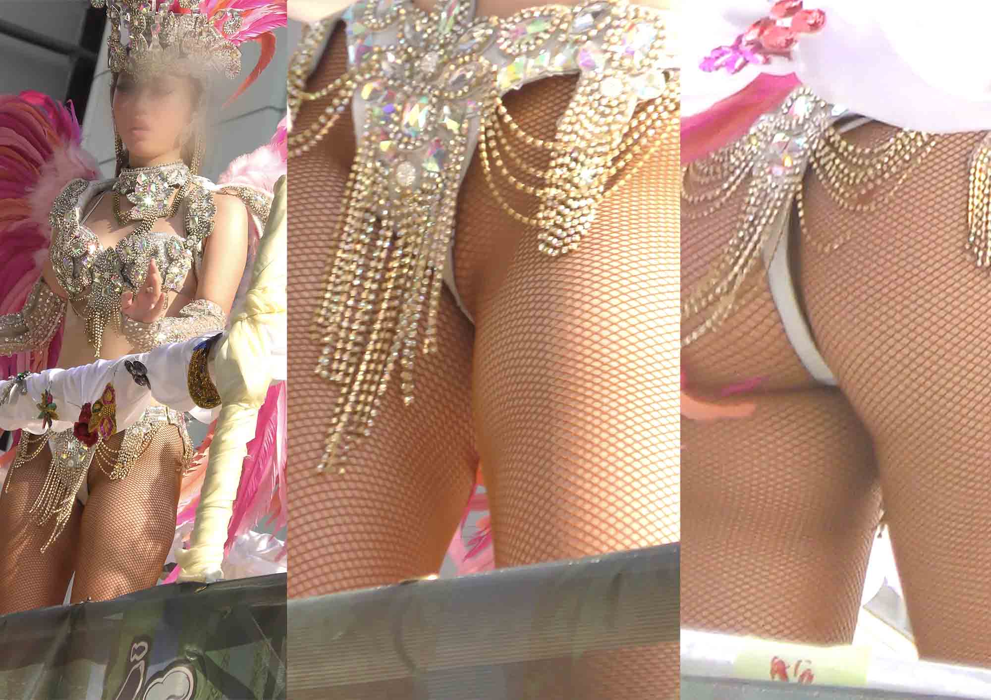 【フェチ動画】山車の下からローアングル！セクシーな股間にポテっとした唇とルックスが美しいフェロモンムンムンゴールデンダンサー