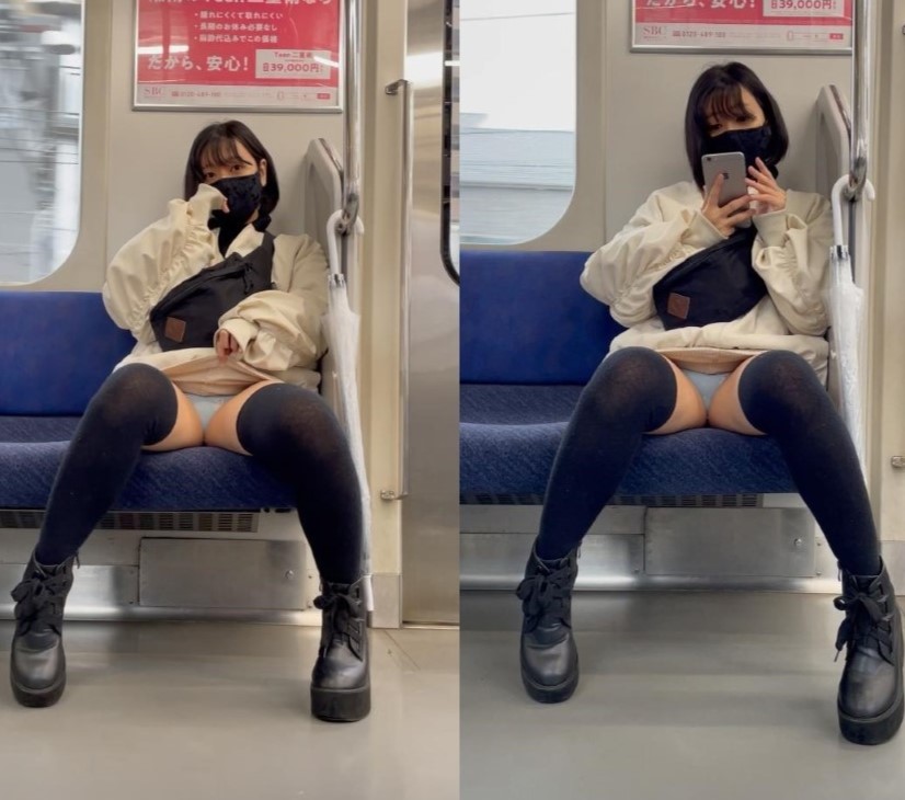 【撮影バレ】電車でニーハイソックス履いたお姉さんの対面パンチラ撮ってたらパンツ見せつけてきた件