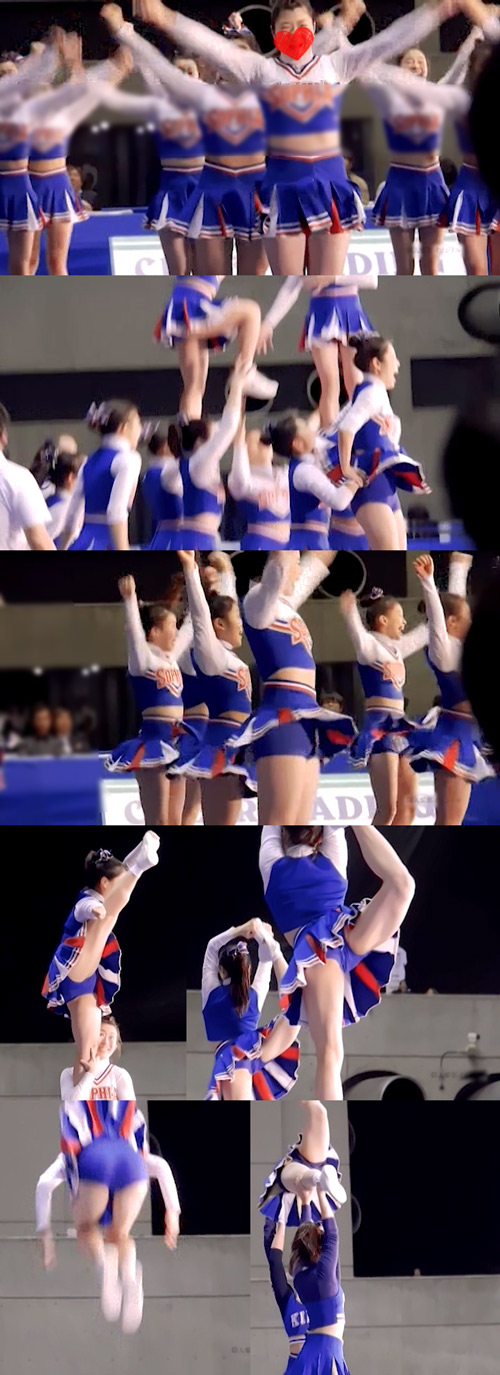 女子大生チア競技会エキシビジョン緊張した感と大胆でキレのある大技とJDらしい美しさ。数チーム混合