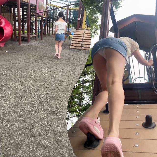 ツインテール【綿パン高学年女子】公園で無邪気に遊ぶノーブラデニムミニスカ女子
