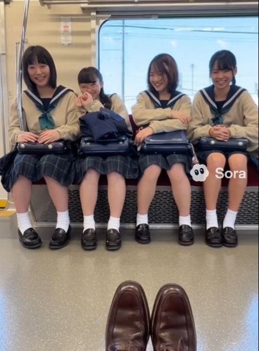 電車内で制服女子4人にちん見せ2【AI動画】