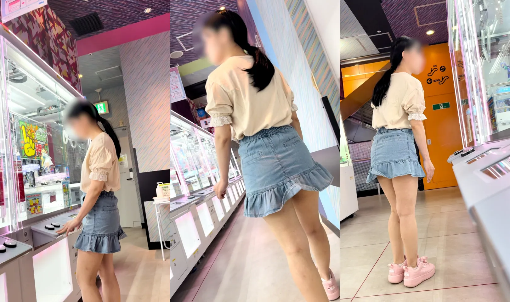 20日まで顔出し!【追跡2 】ゲーセンのデニムスカート女子!クレーンゲームに夢中で無警戒&階段エスカレーターパンチラ【パルピス限